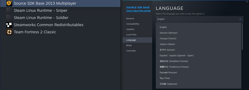 Steam's language selection menu, under "Source SDK Base 2013 Multiplayer".